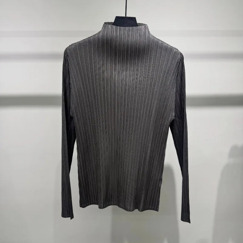 Miyake Pleated Half-High Collar Long Sleeve T-Shirt 2026 New Simple Casual Fashion Base Shirt Stretchy Women's Lightweight Top