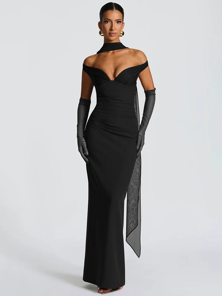 Mozision Scarf Collar Off-shoulder Sexy Maxi Dress Women Gown Fashion With Sleeve Strapless Backless Club Party Long Dresses