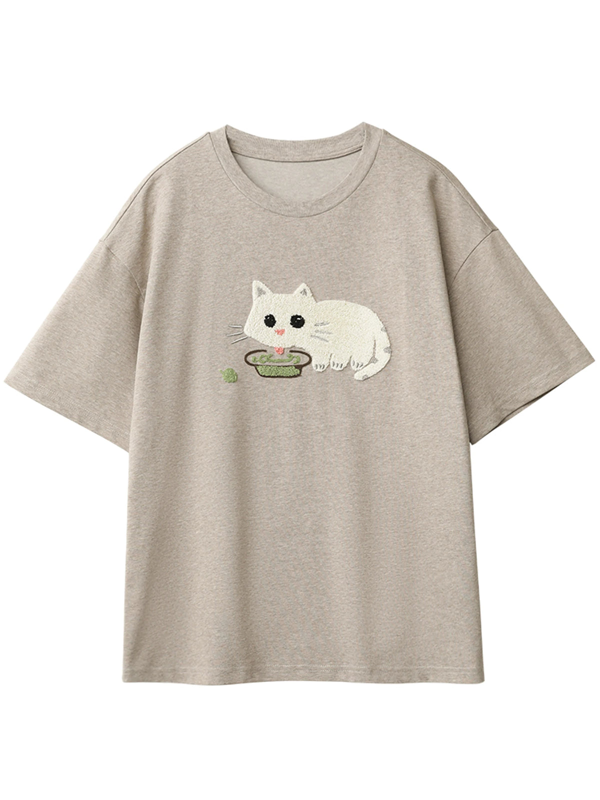 CHIC VEN Korean Women T-Shirts O Neck Loose Casual Cat Animal Embroidery Short Sleeved Tees Female Top Spring Summer 2025