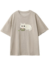 CHIC VEN Korean Women T-Shirts O Neck Loose Casual Cat Animal Embroidery Short Sleeved Tees Female Top Spring Summer 2025