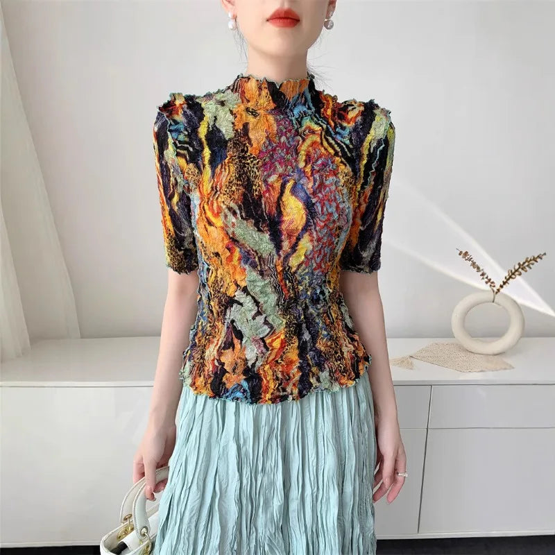 Printed Summer Pleated Top Comfortable Casual Split Loose T-Shirt Round Neck Short Sleeve Stretchy Tight Office Women's