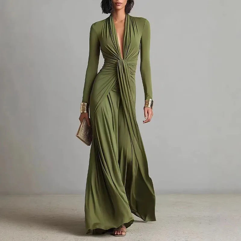Women's Elegant Deep V Neck Maxi Dress Spring Twist Knot Ruched Floor-Length Evening Gown Autumn New Long Sleeve Slim Boho Dress