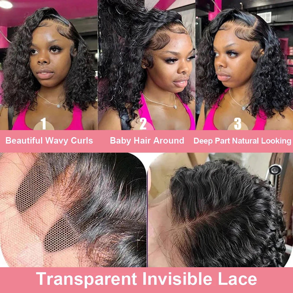 Deep Curly Bob Wig Human Hair Deep Wave Lace Front Wigs Human Hair Pre Plucked 4x4 Lace Closure Wigs Human Hair 250% Density Black Color 10-16 Inch For Black Women