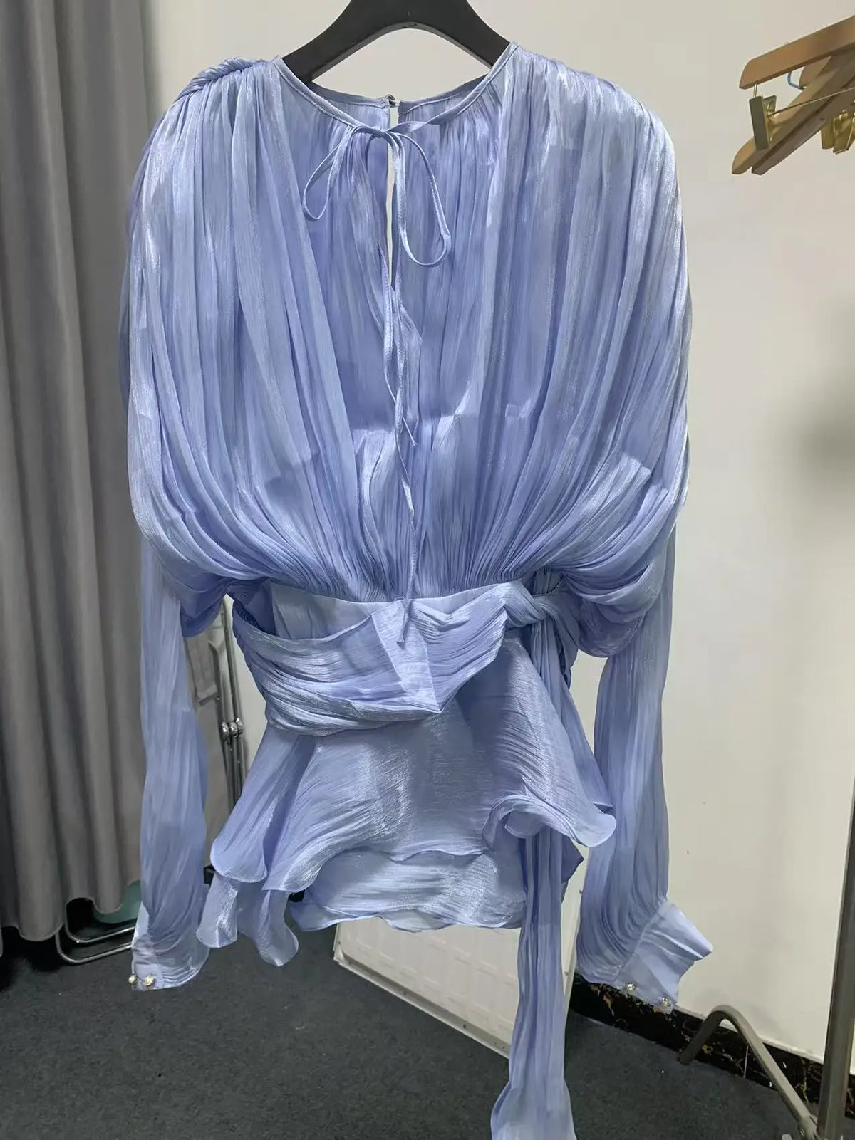 GALCAUR Solid Loose Splicd Lace Up Dresses For Women V Neck Long Sleeves Patchwork Ruffles Tunic Dreses Female Fashio New