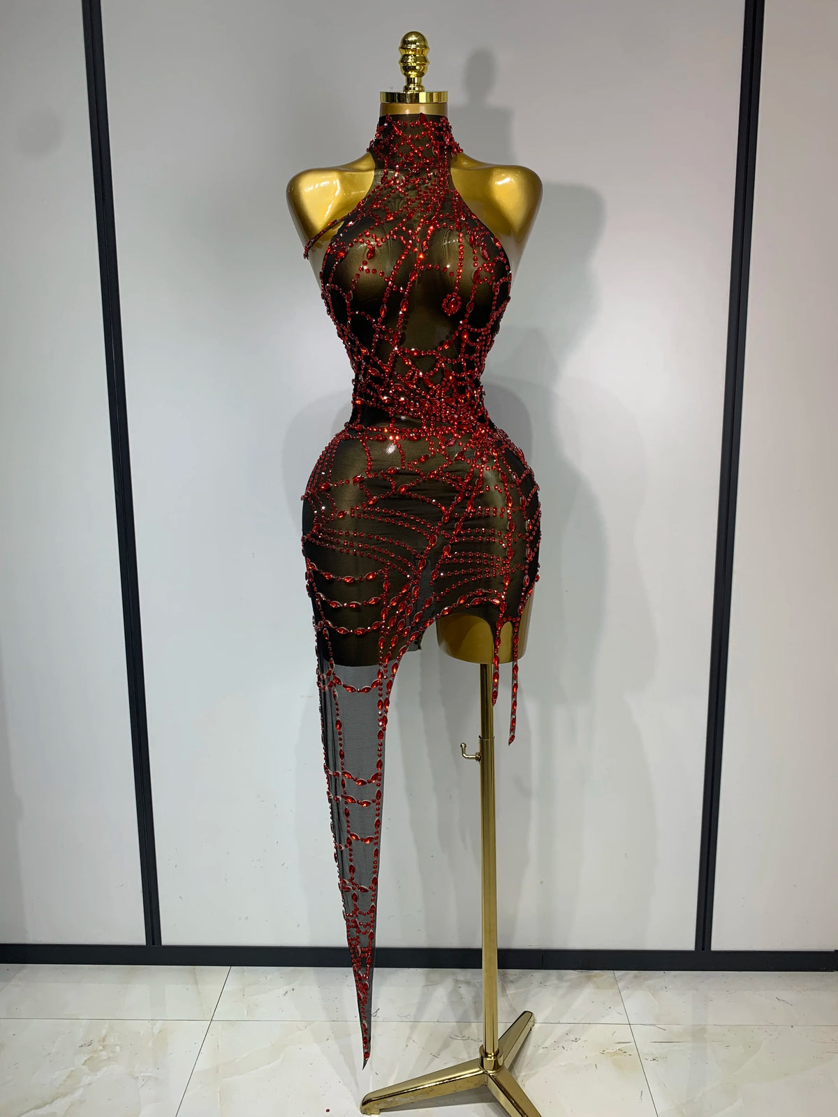 Women Luxury Black Mesh See Through Crystal Diamond Bodycon Dress Sexy Evening Party Club Nightclub Dress Singer Stage Costume
