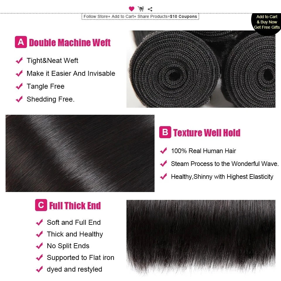 GEM 100% Human Hair Straight Bundles Brazilian Weaving For Women 1 3 4 Bundle Deal Natural Color 12-32Inch Human Hair Extensions