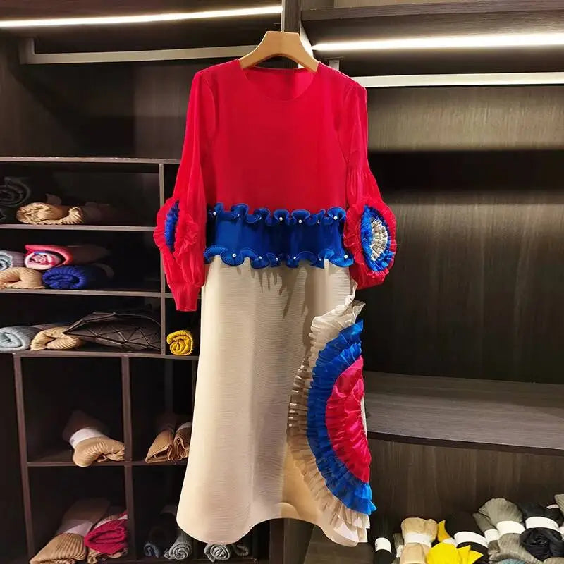 LANMREM Pleated Tie Flower Long Sleeve Women's Dress Chic New Loose Colorblock Patchwork Design Beading Famale Clothing 2DB6651