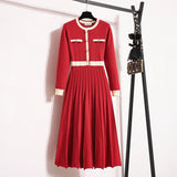 2026 New Autumn Winter Women O-neck Long Sleeve Knitted Pleated A-line Dress Christmas Party Red Sweater Long Dresses