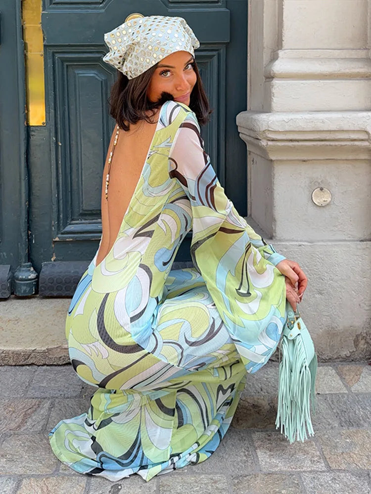 Sexy Print Backless Long Dress Women Round Neck Full Flare Sleeve Bodycon Dresses 2026 Summer Beach Lady Ankle-length Robes