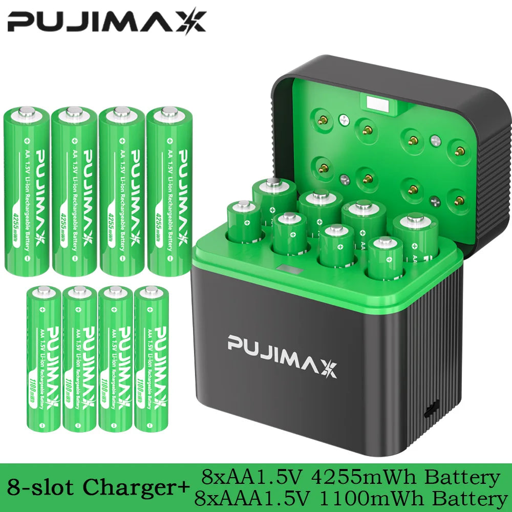 PUJIMAX Smart AA/AAA Lithium Battery Charger Charging 4 AA+4 AAA Rechargeable Li-ion Batteries With High Capacity Battery SET