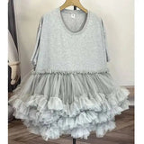 [EWQ] Fashion Streetwear Ball Gown Dress Solid Colors Spliced Irregular Mesh Loose Women Dresses 2025 Summer New Tide 16O6549