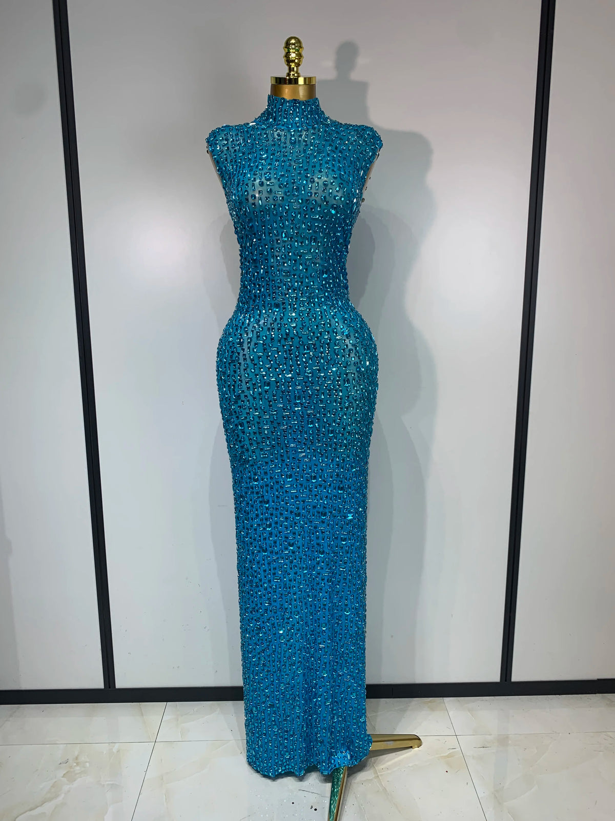 Sparkly Gold Rhinestone Sleeveless Stretch Long Dress Women Sexy Mesh Celebrate Evening Prom Birthday Dress Photo Shoot Wear
