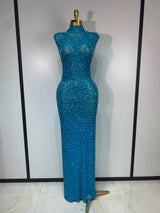 Sparkly Gold Rhinestone Sleeveless Stretch Long Dress Women Sexy Mesh Celebrate Evening Prom Birthday Dress Photo Shoot Wear