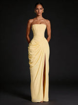 DEAT Fashion Ruched Slit Strapless Dresses Women's Sleeveless Bodycon Yellow Maxi Party Dresses New 7A4256