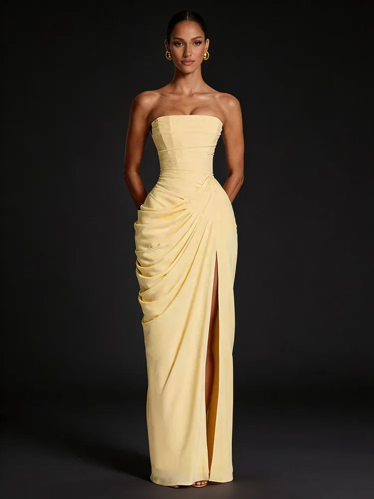 DEAT Fashion Ruched Slit Strapless Dresses Women's Sleeveless Bodycon Yellow Maxi Party Dresses New 7A4256