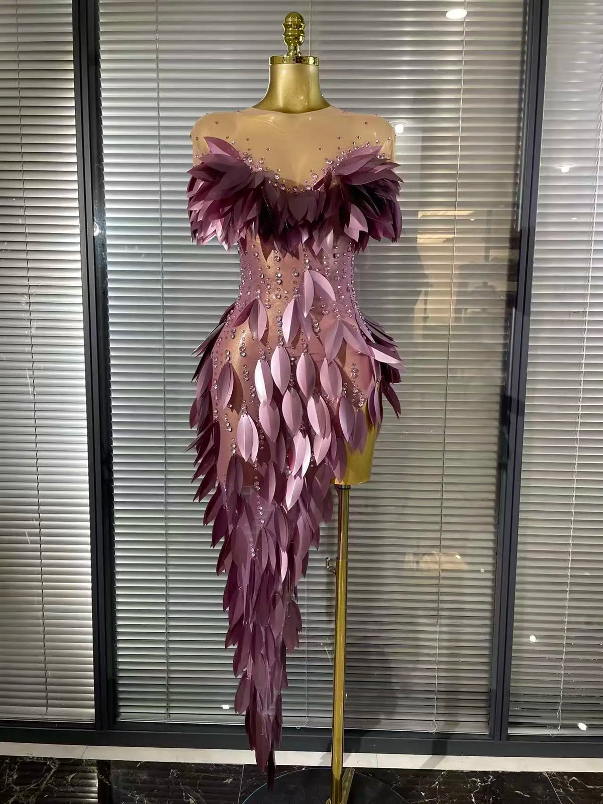 Purple Color Women Sexy 3D Acrylic Leaves Mesh High Stretch Bodycon Long Dress Evening Party Celebrate Birthday Photoshoot Wear