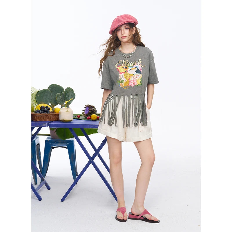 ELFSACK Women's Tropical Graphic Print Tee with Fringe Hem, Crew Neck Cropped Short Sleeve T-shirt for Daily, Loose Casual Tops