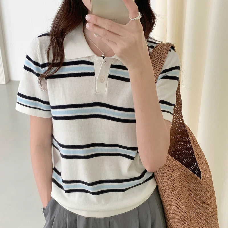 WinvyNee Summer Top Women's 100% Cotton Striped Polo T Shirt Women's Clothing Short Sleeve Casual Oversized Pullover A1522077