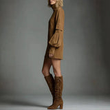 Autumn Retro Solid Suede Mini Short Dresses Sexy Turtleneck Slim Woman Pullover Dress Winter Long Sleeve Pockets Female Clothing