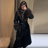Women Long Coat Faux Fur Collar Cuffs Belted Waist Elegant Winter Outerwear Single Breasted Maxi Overcoat For Women Streetwear