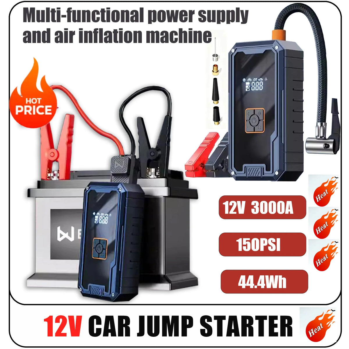 Professional 3000A 99800mAh Car Jump Starter 150PSI Tire Pump 4 in 1 12V Battery Booster Jump Box Power Pack LED Emergency Light