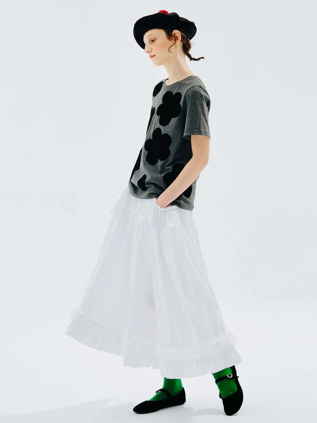 IMAKOKONI original design black flower polka dot printed T-shirt grey round neck puller short sleeve summer top