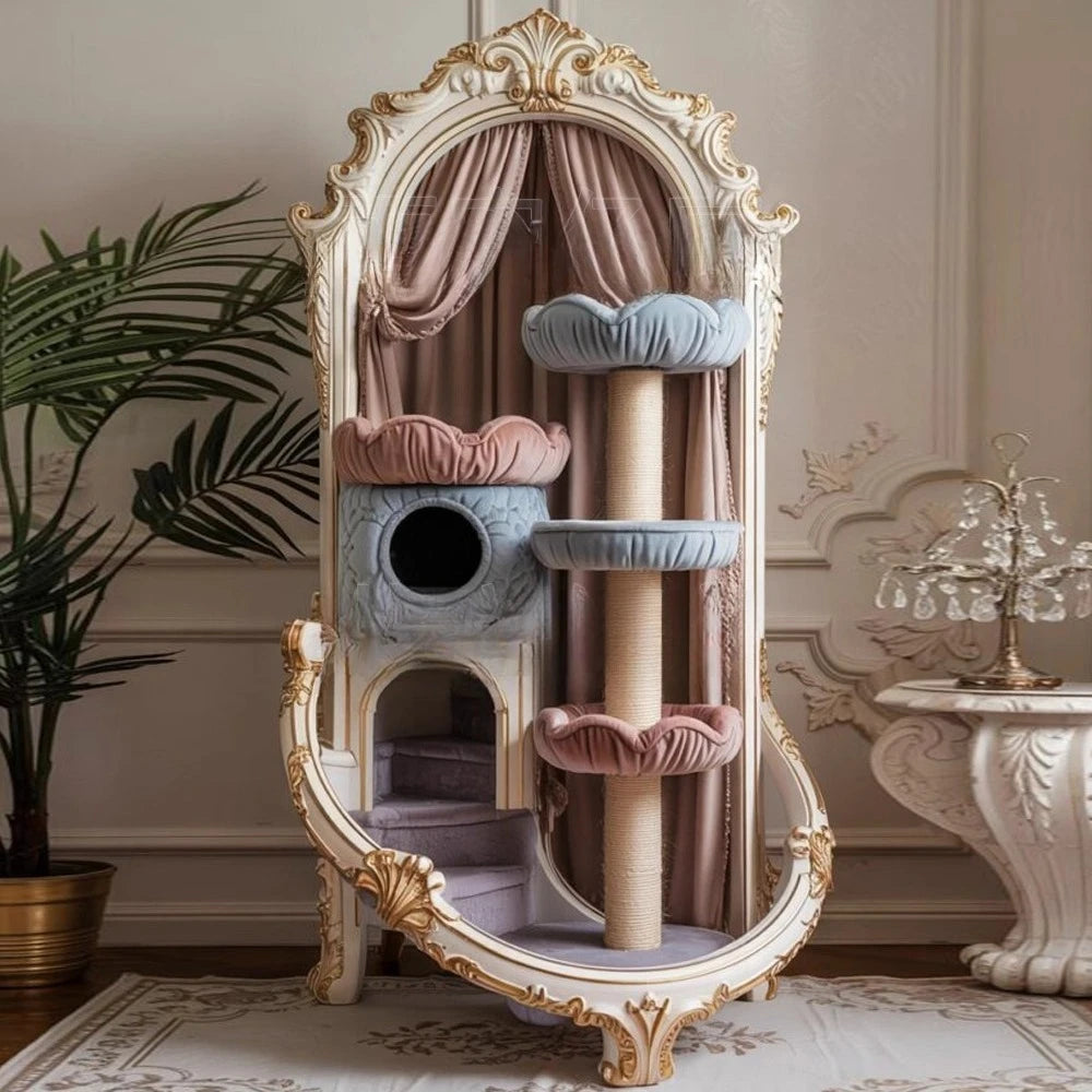 AASolid Wood Carving Flower Painted Gold Cat Cage Villa Luxury Kitten Mansion