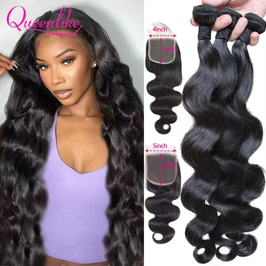 Queenlike 24 24 24 Inch Body Wave Bundles Human Hair Bundles And 4x4/5x5 Lace Closure 12A Brazilian Bundles 100% Human Hair
