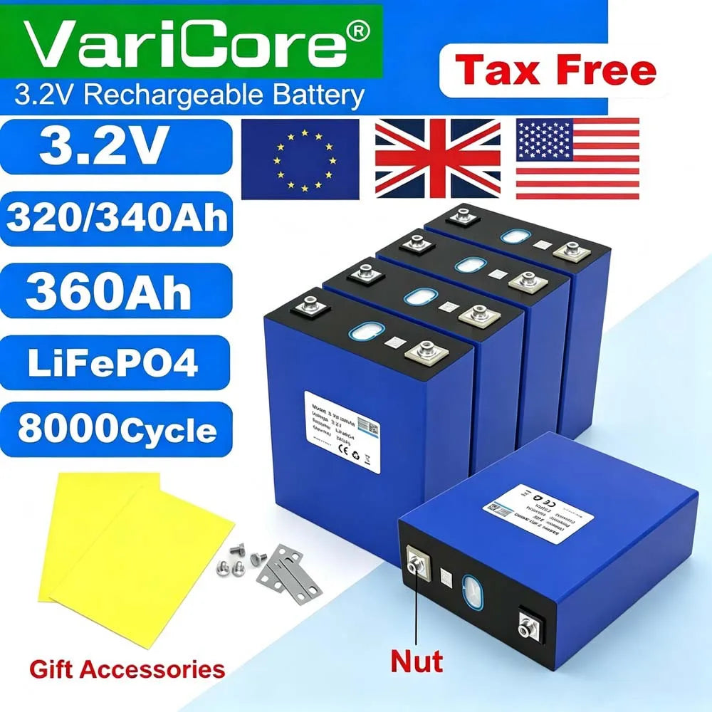 Grade A 3.2V 360AH 340Ah Battery LiFePO4 Lithium Iron Phospha for 12V 24V 4S E-scooter RV Solar Energy Storage System Duty-free