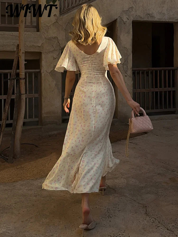 Floral Print 2026 Summer Lady Sexy V-neck Ruffles Short Flare Sleeve Split Midi Dresses Women's Slim High Waisted Party Vestidos