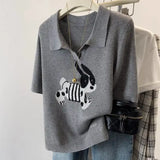 Women's Clothing Cartoon Jacquard Loose T-shirt Summer Casual Knit Short Sleeve Tees Lady Basic Large Size turn-down Collar Tops