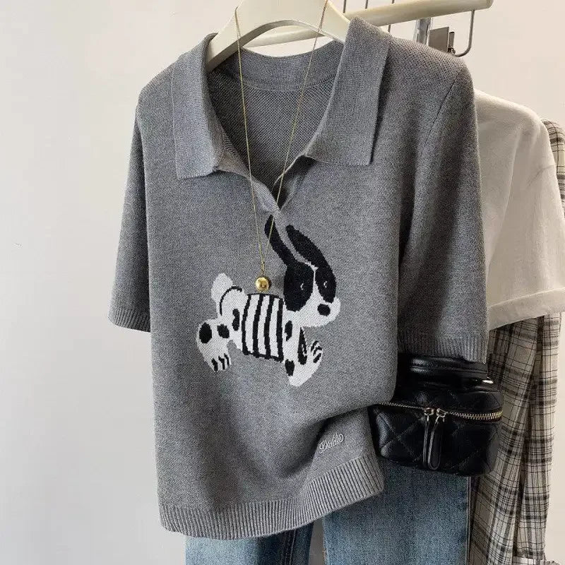 Women's Clothing Cartoon Jacquard Loose T-shirt Summer Casual Knit Short Sleeve Tees Lady Basic Large Size turn-down Collar Tops