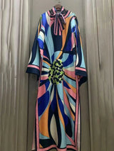 Retro geometric positioning printed lace up semi open collar pullover dress for women's fashion, loose fit plus slit skirt