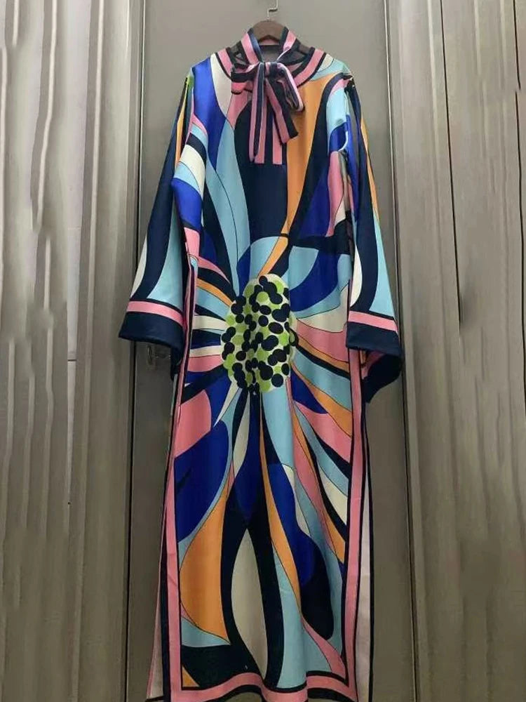 Retro geometric positioning printed lace up semi open collar pullover dress for women's fashion, loose fit plus slit skirt