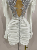 Luxury Sparkly Crystals Sexy Mesh White Velvet Short Dress 2025 Women Elegant Evening Prom Birthday Party Dresses Stage Costume