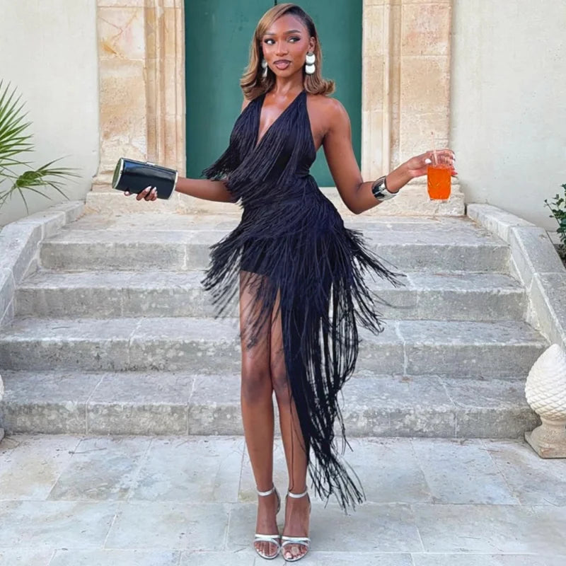 Women Halter Deep V Fringe Dress Backless Sleeveless Tassel Asymmetrical Hem Party Gown Nightclub Evening Summer Dresses 2026