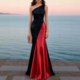 Women Luxury Satin One Shoulder Long Dress Black Red Patchwork Bodycon Mermaid Gown for Birthday Cocktail Wedding Guest Evening