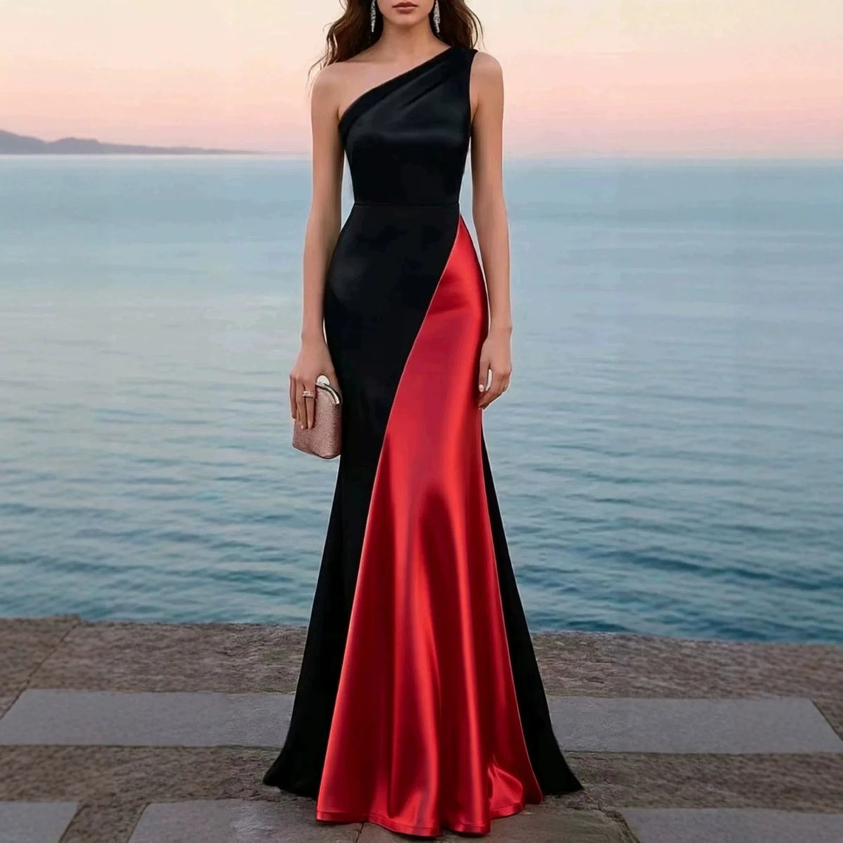 Women Luxury Satin One Shoulder Long Dress Black Red Patchwork Bodycon Mermaid Gown for Birthday Cocktail Wedding Guest Evening