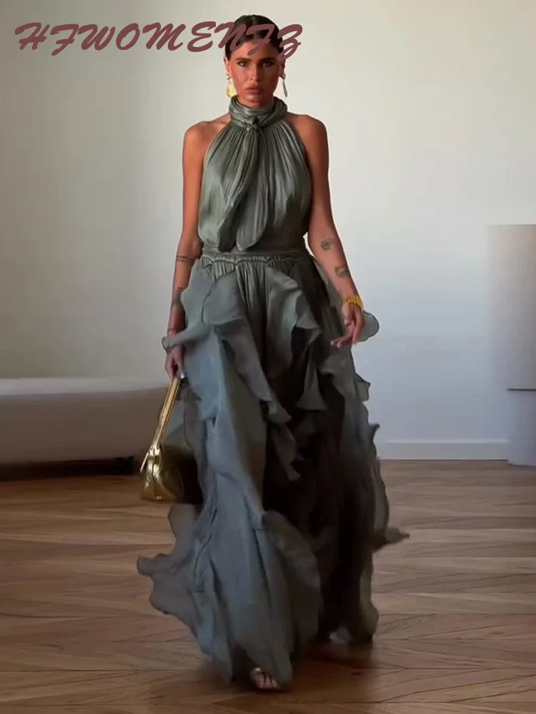 Sexy Cascading Ruffle Pleated Women's Long Dress Fashion Lace Up Sleeveless Empire Female Dresses 2026 Spring Summer Lady Robe