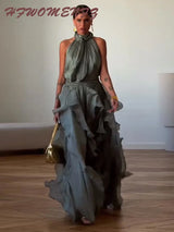 Sexy Cascading Ruffle Pleated Women's Long Dress Fashion Lace Up Sleeveless Empire Female Dresses 2026 Spring Summer Lady Robe