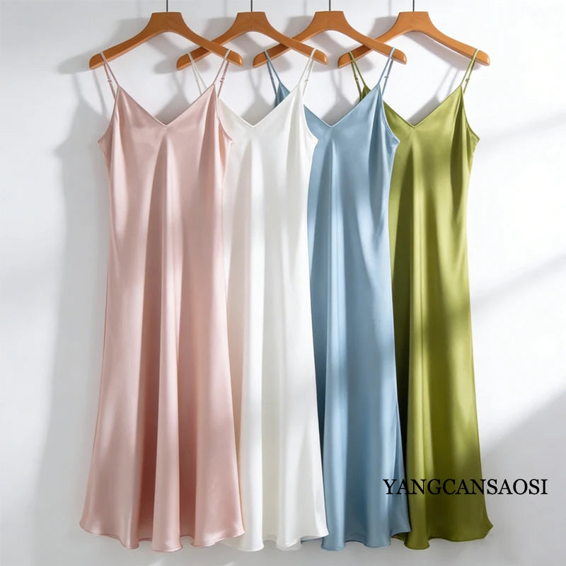 2026 Women's Fashion New 21MM 100% Natural Mulberry Silk Plain Satin Extended French Sexy Adjustable Shoulder Strap Solid Dress