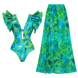 Flaxmaker Women Sexy Deep V Neck Long-sleeved Jungle Green Print One Piece Swimsuit And Skirt Summer Bathing Suit Monokini