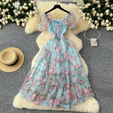 Retro Floral Chiffon Dr Women's Waist Cinched Bubble Sve Me Skirt Tea Break Gentle Soft Sle Korean High Waist A-Lin...
