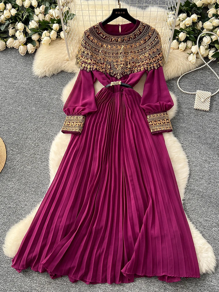 Spring Autumn French Sequin Nail Bead Long Sleeved Dress Women New Elegant Temperament Birthday Party Pleated Long Dress C227