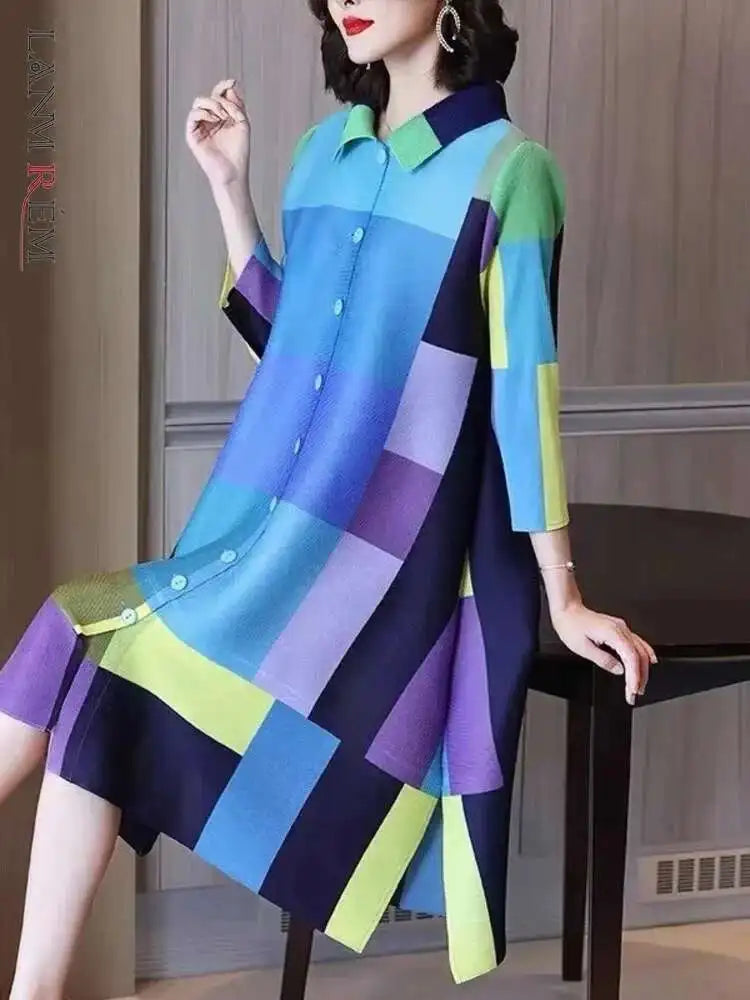 LANMREM Patchwork Color Pleated Dress Women Fashion tide 2025 New Lapel Single Breasted Long Sleeve Casual Loose Dresses 2DE683