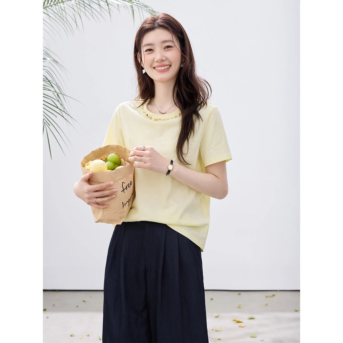 VIMLY Minimalist Office T-Shirt Women 2026 Summer New Fashion Round Neck Shell Beaded 100% Cotton Casual Short Sleeve Top A6050