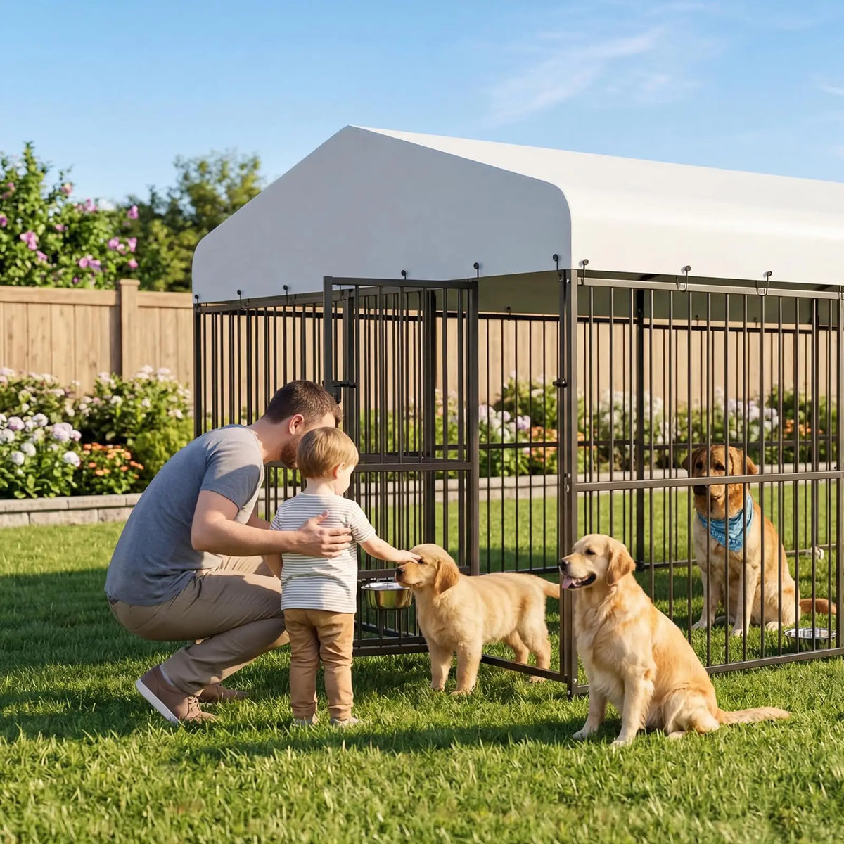 10x15/10x20 FT Heavy Duty Large Outdoor Dog Kennel Metal Pet Enclosure With Waterproof Cover & Feeding Door Backyard Pet Plaype