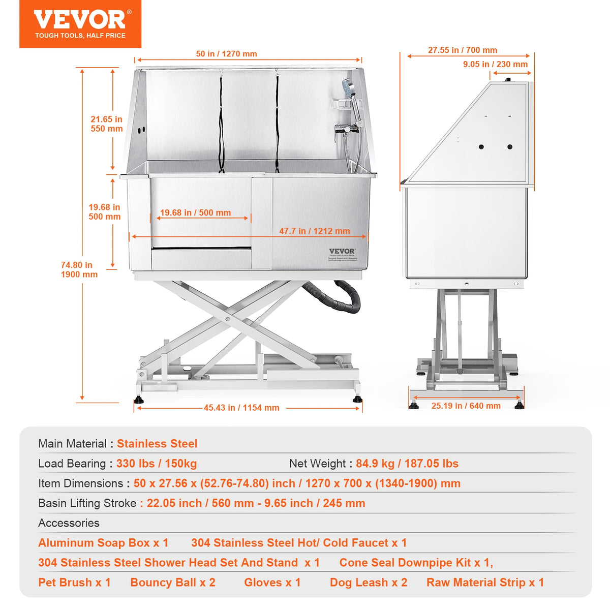 VEVOR 50" Pet Dog Grooming Tub Electric Height Adjustment Stainless Steel Bathing Station Bathtub for Multiple Pets Washing Sink