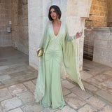 Sexy Deep V Neck Lace Trim Chiffon Maxi Gown Elegant Trendy Ruched Waist Mermaid Dress Autumn Chic Party Formal Evening Dresses