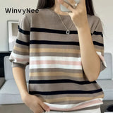 WinvyNee Summer Women‘s 100% Cotton T-shirt Tops Short Sleeve O Neck Striped Sweaters Casual Basic Female Pullover Tops A1002028